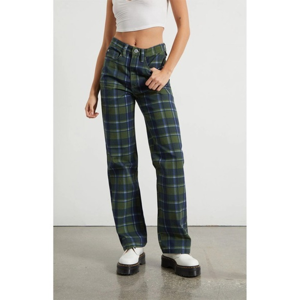 WeWoreWhat High Rise Dad Jean Green Blue Plaid Basil Multi Cotton Pants 26 NEW